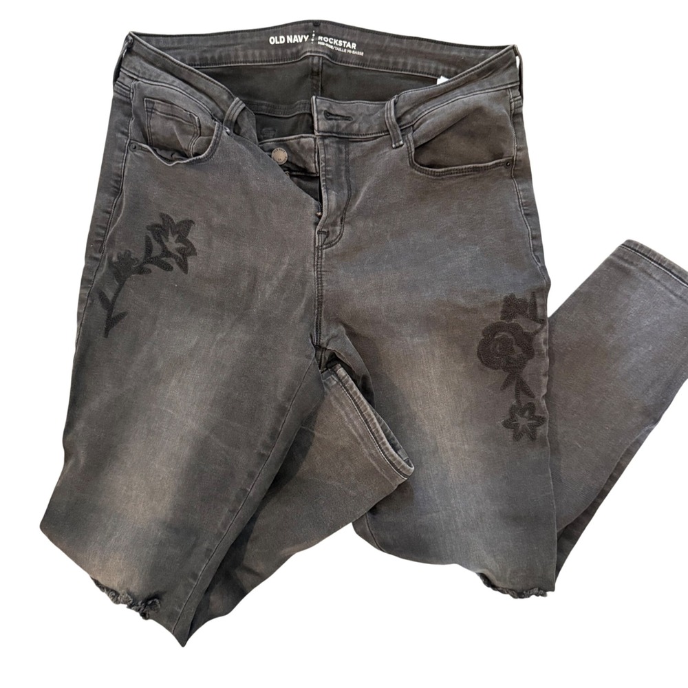 Old Navy Rockstar Floral Embroidered Distressed Hem Gray Wash Jeans Size‎ 12